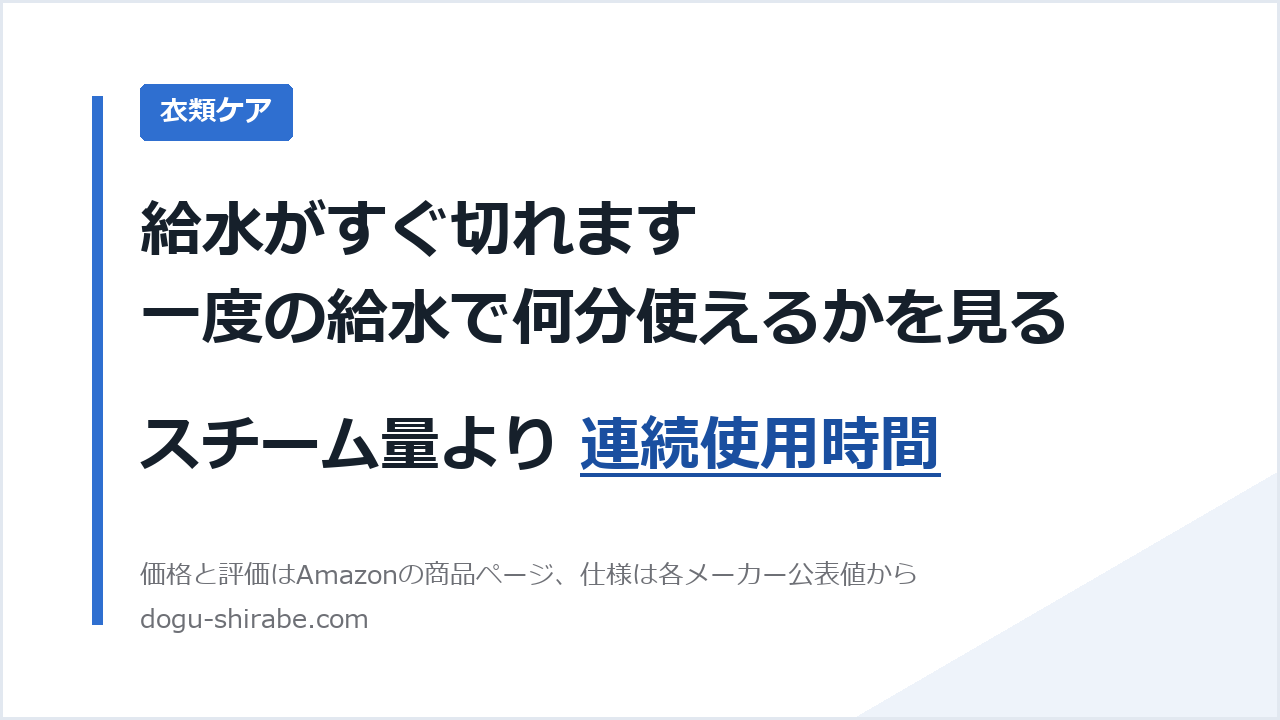 給水がすぐ切れます。一度の給水で何分使えるかを見る。スチーム量より 連続使用時間。道具しらべの比較記事のアイキャッチ