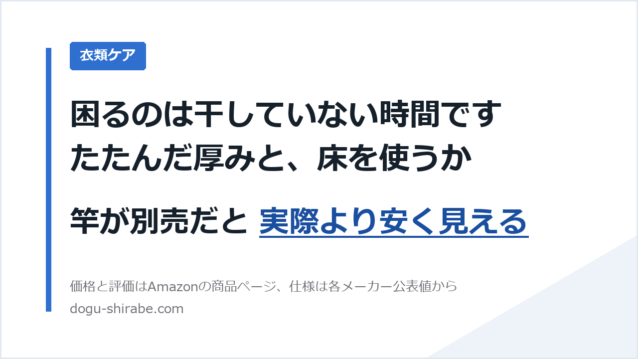 困るのは干していない時間です。たたんだ厚みと、床を使うか。竿が別売だと 実際より安く見える。道具しらべの比較記事のアイキャッチ